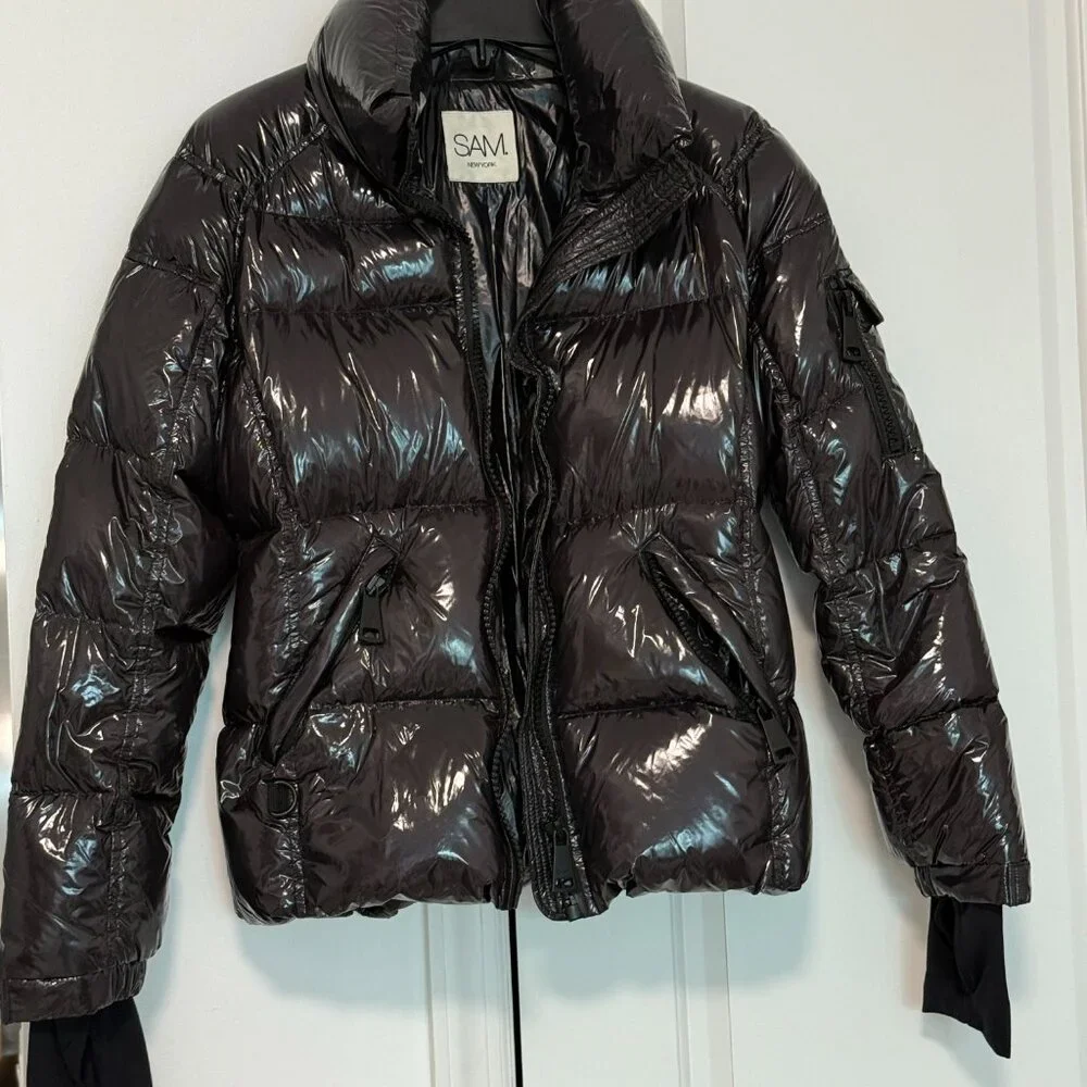 SAM. New York Glossy Down Puffer Jacket L Black/Charcoal | $395 Retail - Picture 10 of 10
